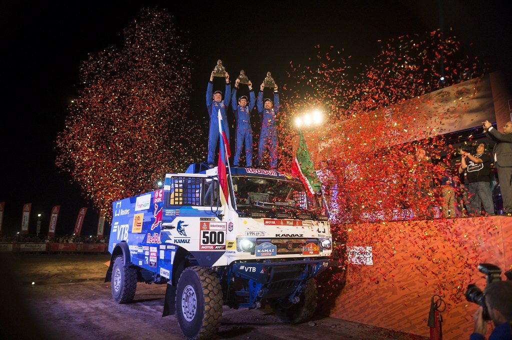 Eduard Nikolaev (RUS) of Team KAMAZ-Master is seen at the finish podium of Rally Dakar 2019 in Lima, Peru on January 17, 2019