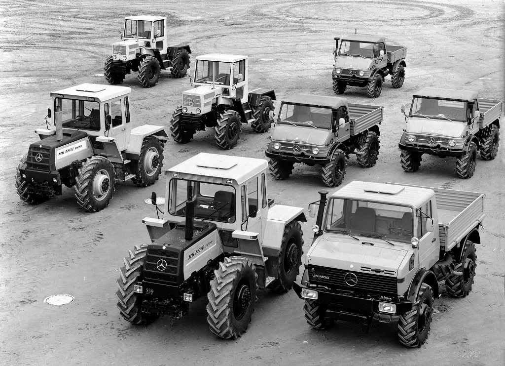 Mercedes-Benz range of agricultural vehicles dating from 1976. The photo shows Unimogs of the 403, 406, 421 and 425 model series and MB-trac